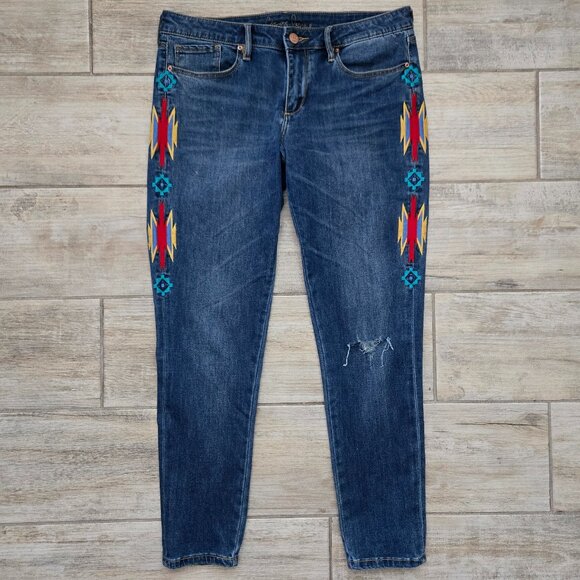 Chip & Pepper Sid Skinny Ankle Jeans Women's Embroidered Aztec Pattern Native 30 - Picture 1 of 8
